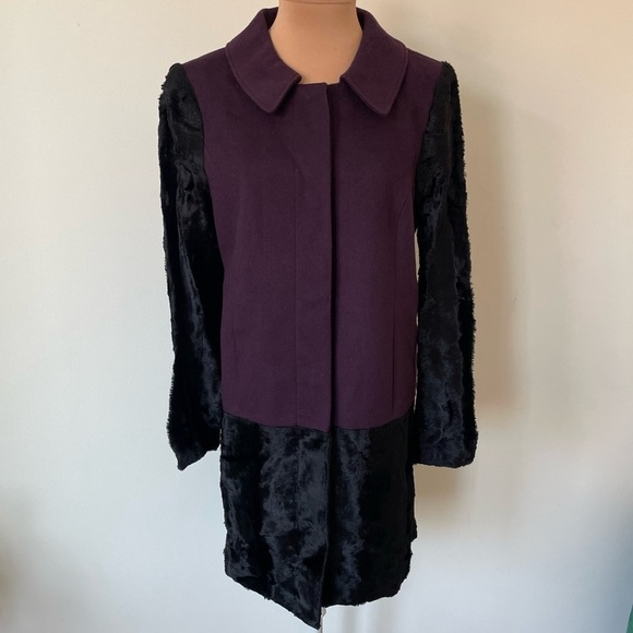 TIBI New York Colorblock Purple Black Wool Hidden Placket Faux Fur Coat EUC Sz 8 - Picture 4 of 12